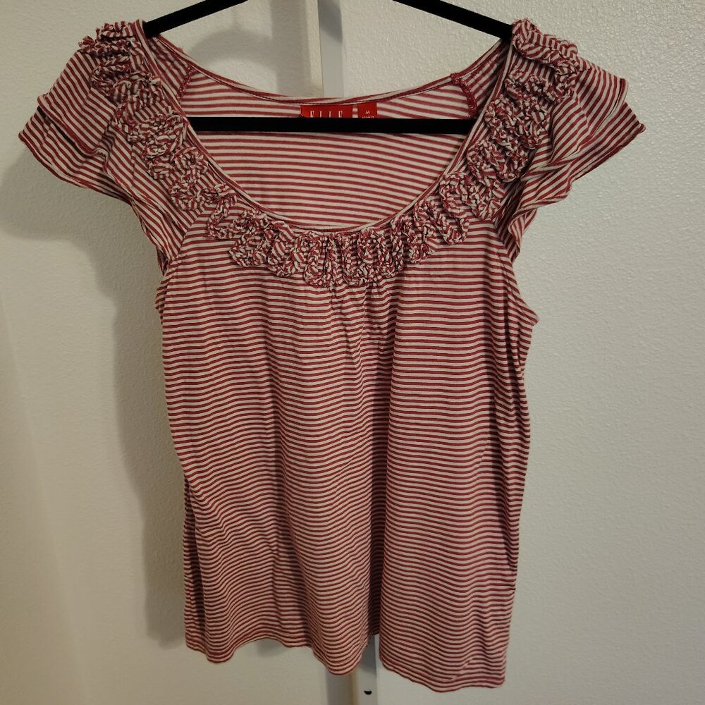 ELLE Women's Top Striped Stripes Scoop Neck Ruffle Sleeves Size Medium White Red
